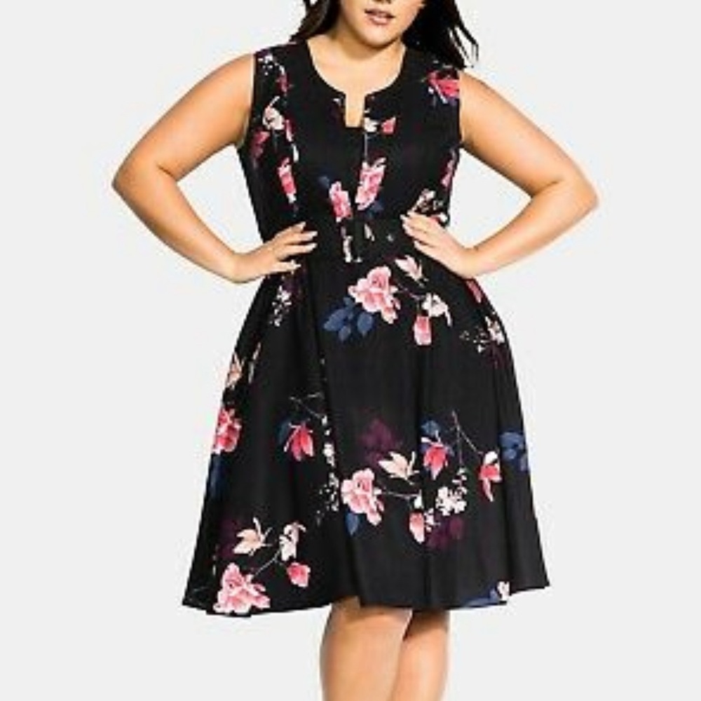 City Chic Black Pink Belted Spring Lotus Dress